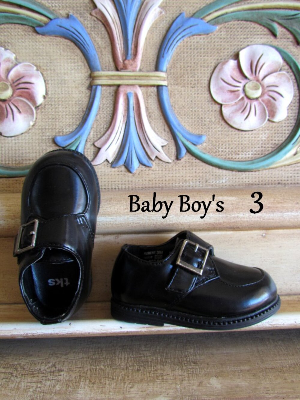 BABY BOY'S DRESS SHOES, 3, BLACK w BUCKLES, VELCRO CLOSURE, NWOT, NEW NEVER WORN